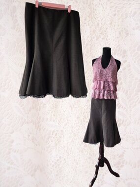 Midi-length Flare Skirt Lace Trim Office Victorian-Style